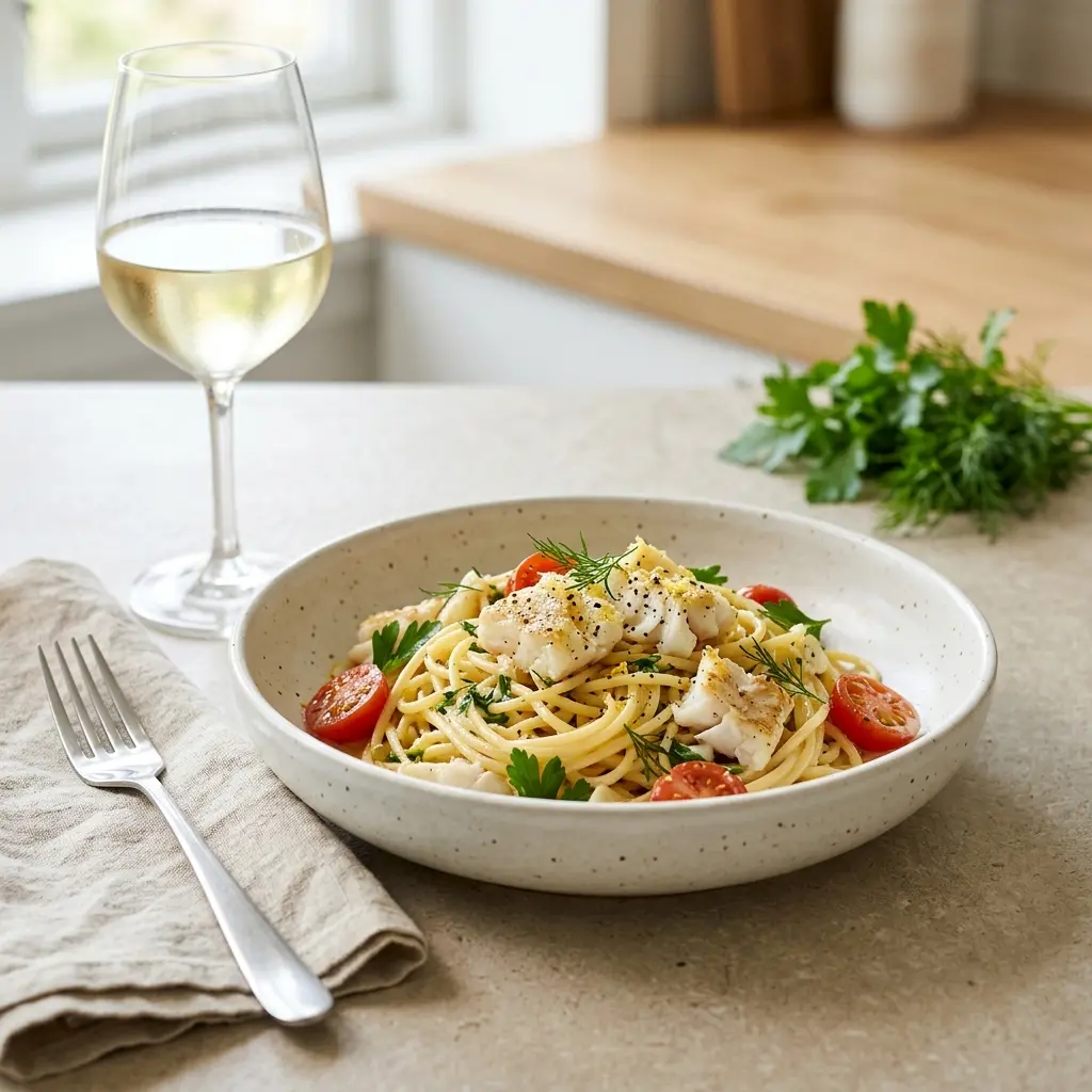 Pasta mit Kabeljau fertig als Gericht serviert