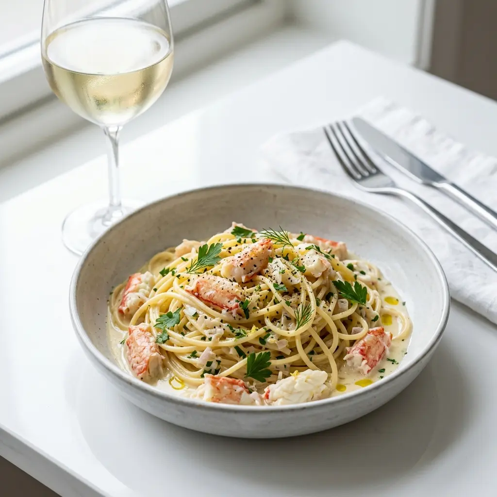 Pasta mit Königskrabbe fertig als Gericht serviert