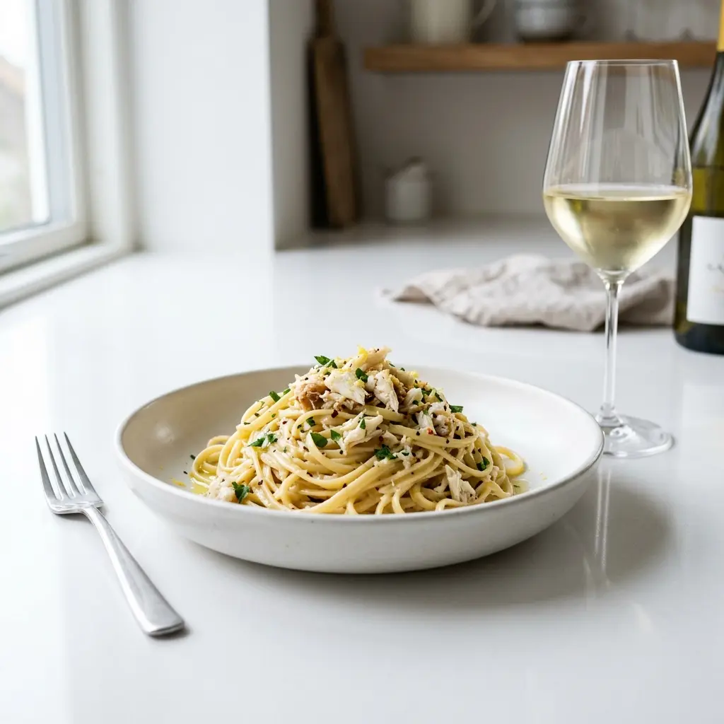 Pasta mit Krabbe fertig als Gericht serviert