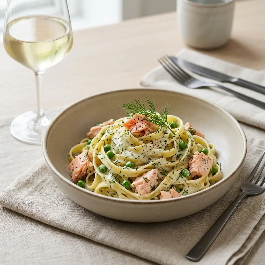 Pasta mit Lachs und Sahnesauce fertig als Gericht serviert