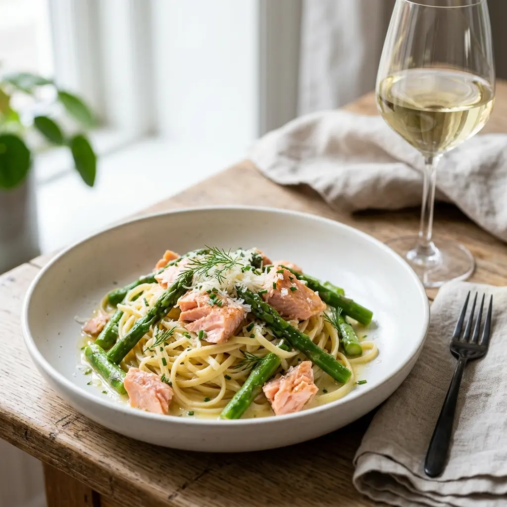 Pasta mit Lachs und Spargel fertig als Gericht serviert
