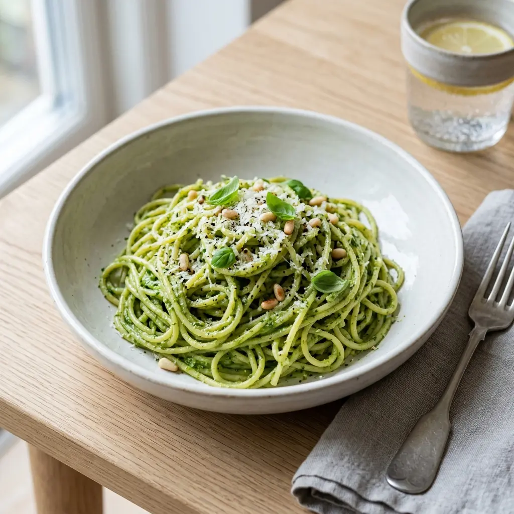 Eine Schale Pasta mit Pesto als geschmackvolle Beilage serviert