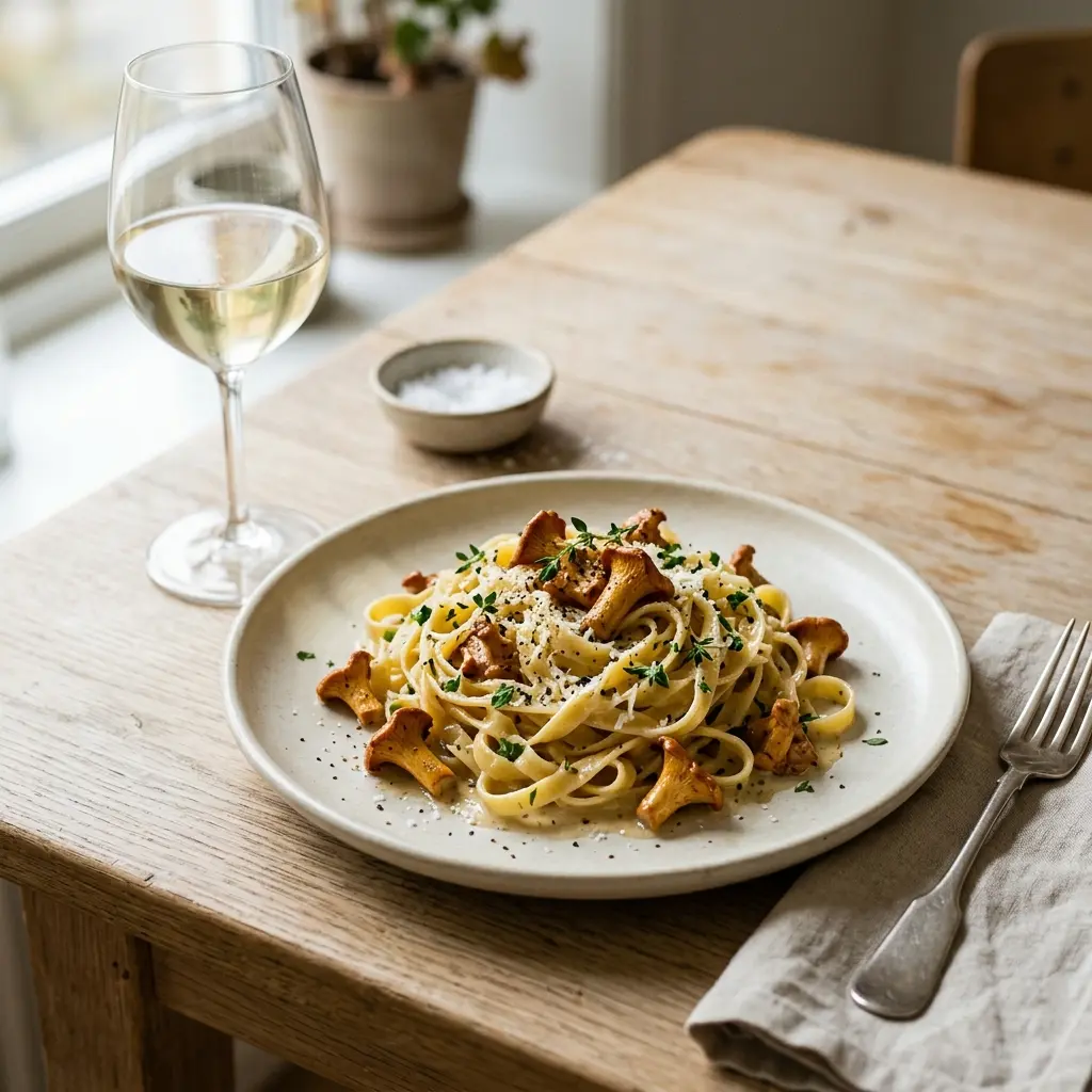 Pasta mit Pfifferlingen fertig als Gericht serviert