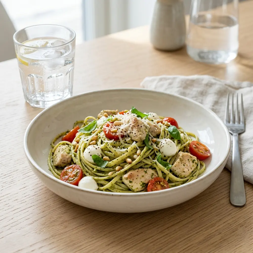 Pasta mit Pute und Pesto fertig als Gericht serviert