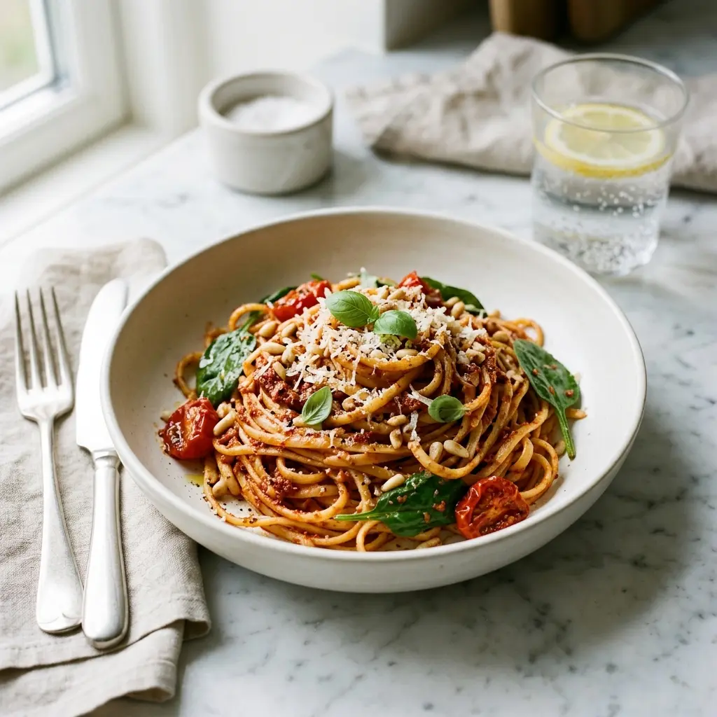 Eine Schale Pasta mit rotem Pesto als geschmackvolle Beilage serviert