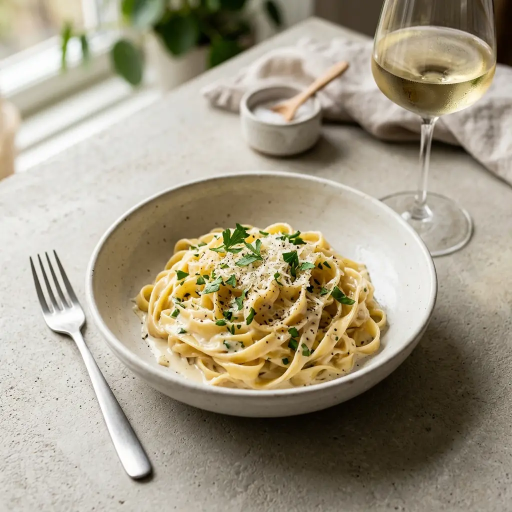 Eine Schale Pasta mit Sahnesauce als geschmackvolle Beilage serviert
