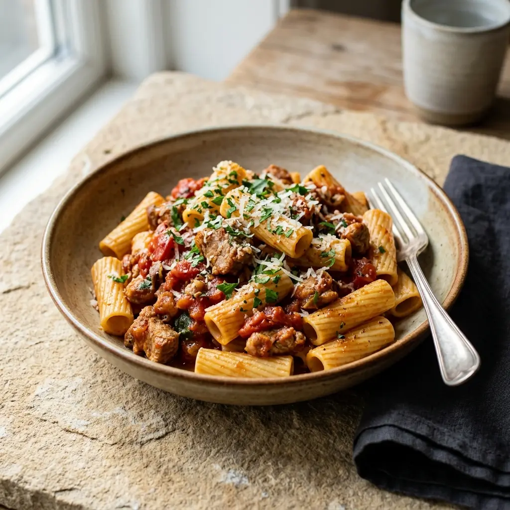 Pasta mit Schweinefleisch und Tomate fertig als Gericht serviert