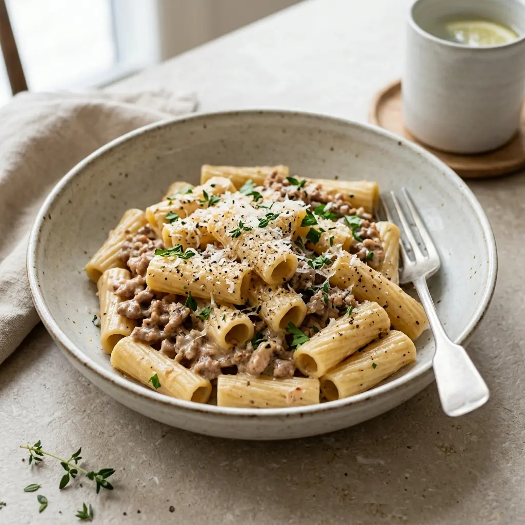 Pasta mit Schweinehackfleisch und Sahne fertig als Gericht serviert