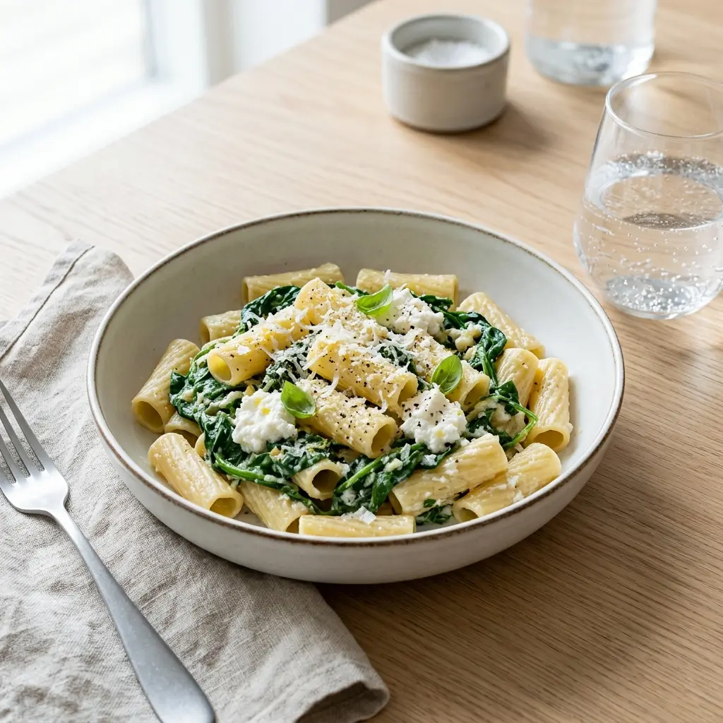 Pasta mit Spinat und Ricotta fertig als Gericht serviert