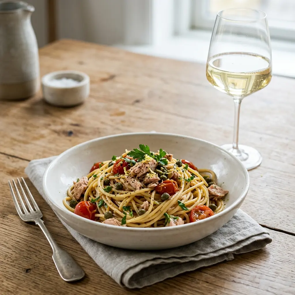 Pasta mit Thunfisch und Kapern fertig als Gericht serviert
