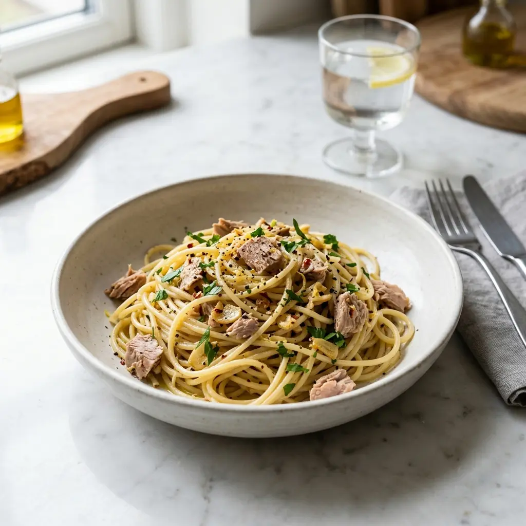 Pasta mit Thunfisch und Knoblauch fertig als Gericht serviert