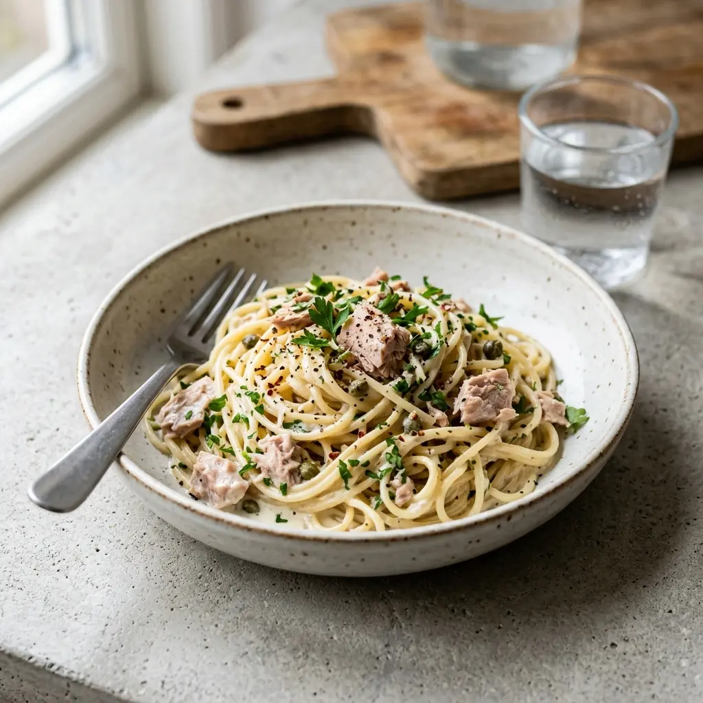 Pasta mit Thunfisch und Sahnesauce fertig als Gericht serviert