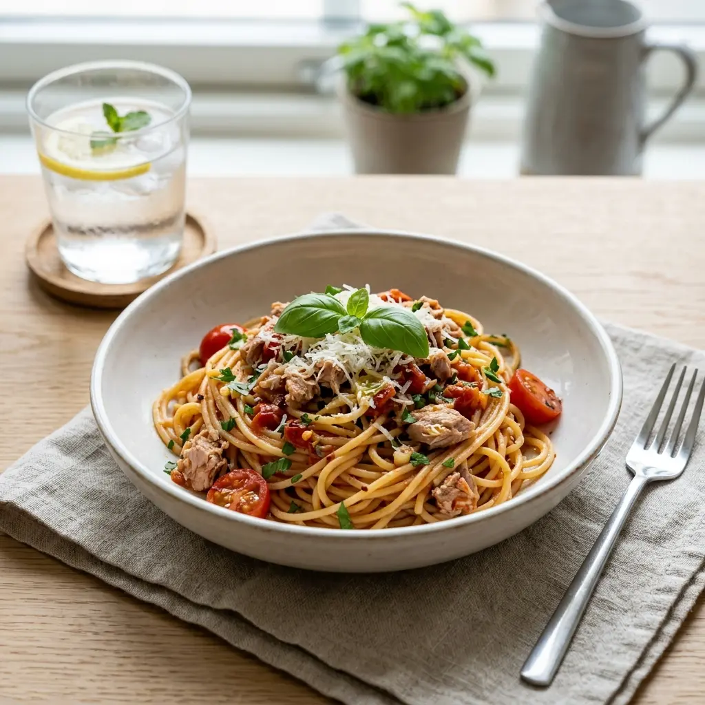Pasta mit Thunfisch und Tomate fertig als Gericht serviert