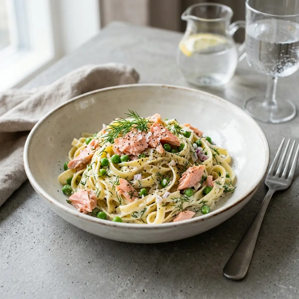 Pasta mit warmgeräuchertem Lachs fertig als Gericht serviert