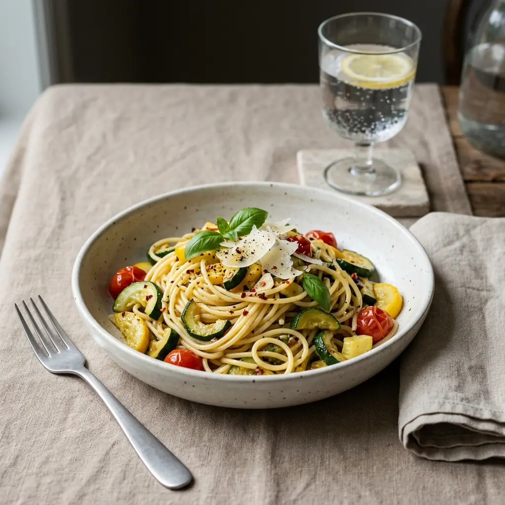 Pasta mit Zucchini fertig als Gericht serviert