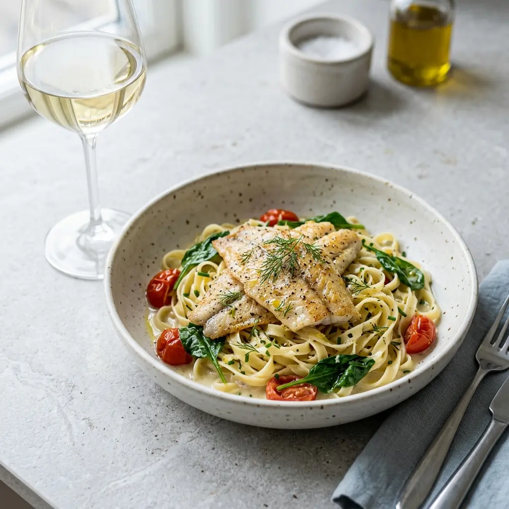 Pastagericht mit Scholle fertig als Gericht serviert