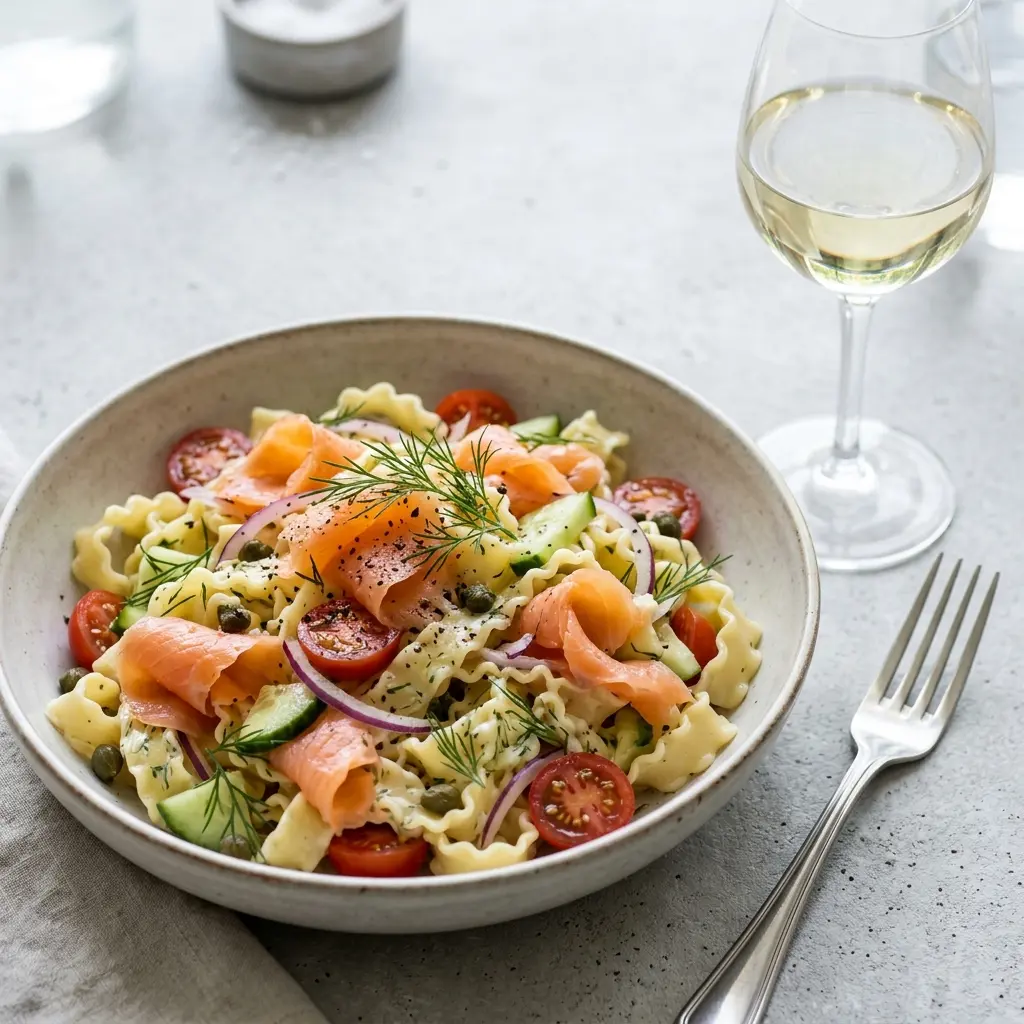 Frische Portion Pastasalat mit kaltgeräuchertem Lachs mit ansprechender hausgemachter Präsentation
