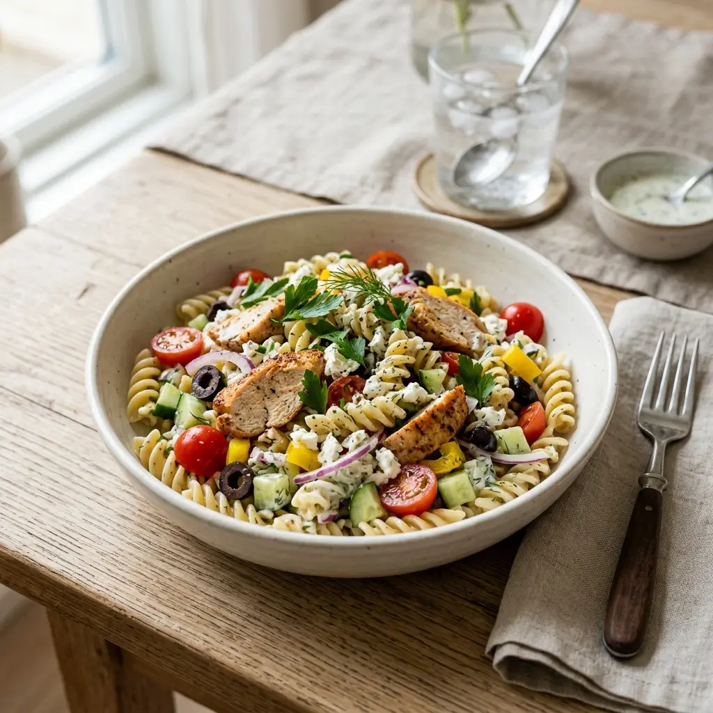 Frische Portion Pastasalat mit Pute mit ansprechender hausgemachter Präsentation