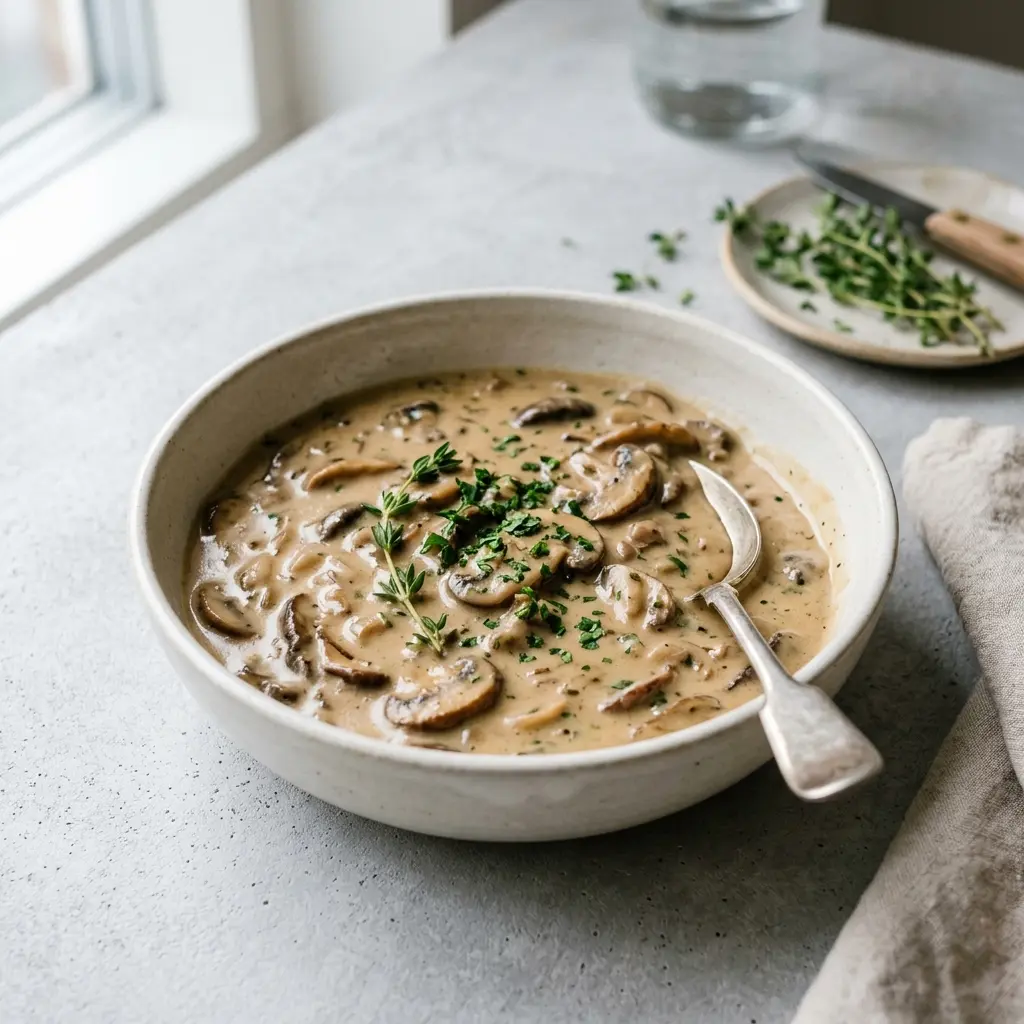 Eine Schale Pilzsauce als geschmackvolle Beilage serviert