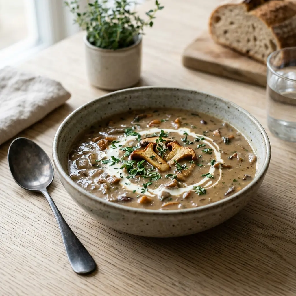 Eine warme Portion Pilzsuppe appetitlich serviert