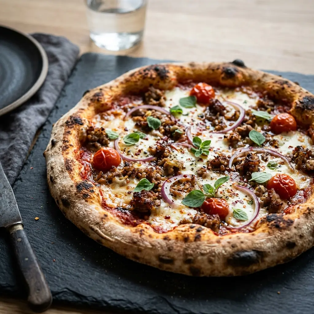 Pizza mit Schweinehackfleisch fertig als Gericht serviert