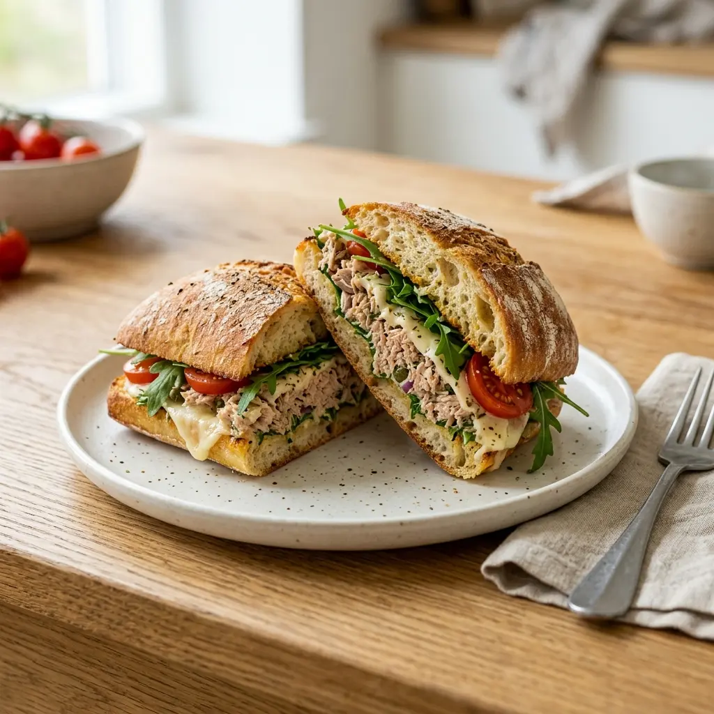Pizzasandwich mit Thunfisch fertig als Gericht serviert