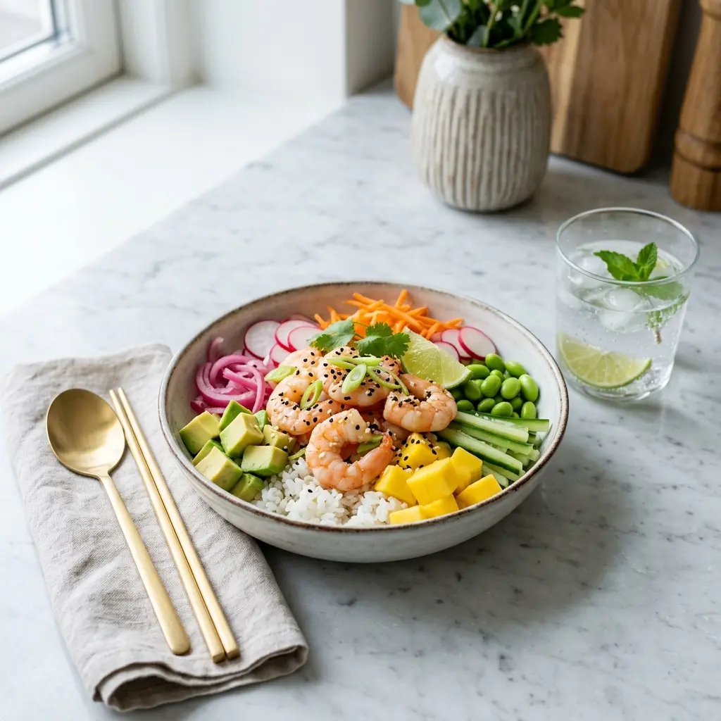 Poké Bowl mit Garnelen fertig als Gericht serviert