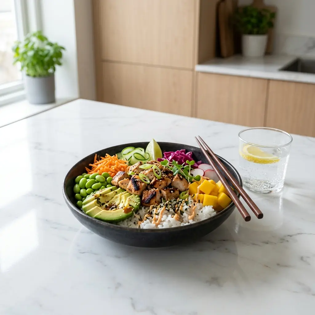 Poké Bowl mit Hähnchen fertig als Gericht serviert