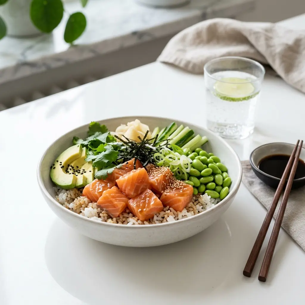 Poké Bowl mit Lachs fertig als Gericht serviert