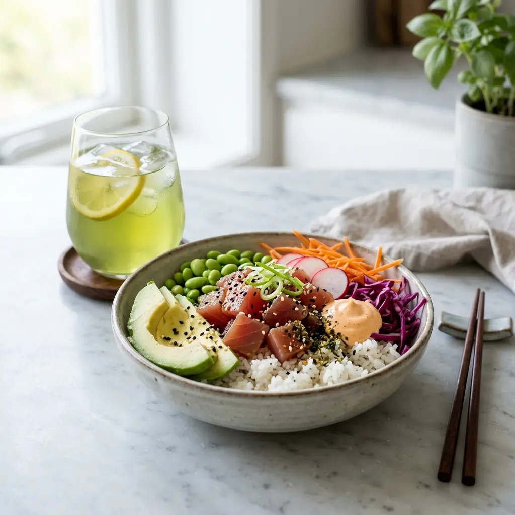 Poké Bowl mit Thunfisch fertig als Gericht serviert