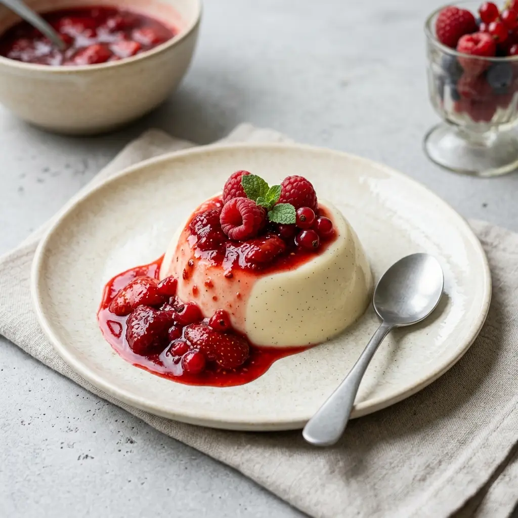Eine Schale Pudding mit Fruchtsauce als geschmackvolle Beilage serviert