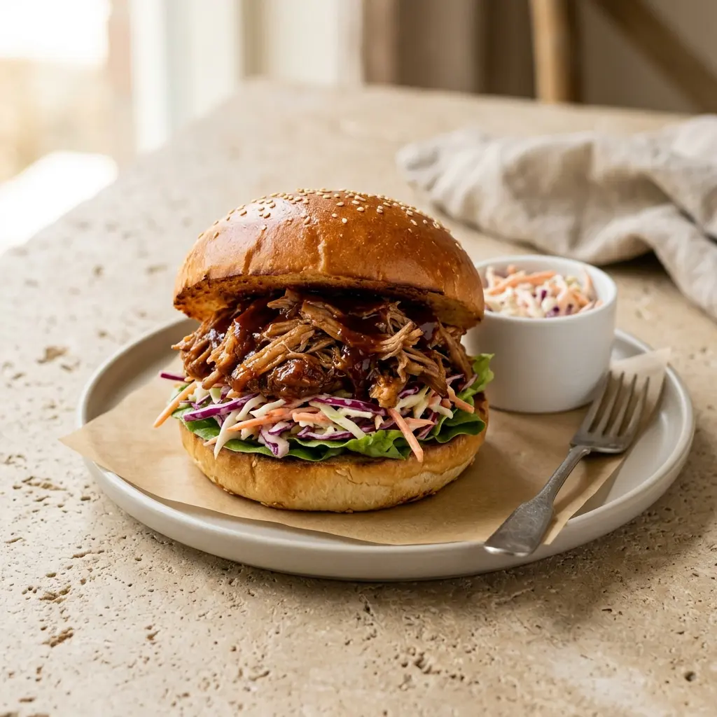 Pulled-Pork-Burger fertig gebacken und serviert