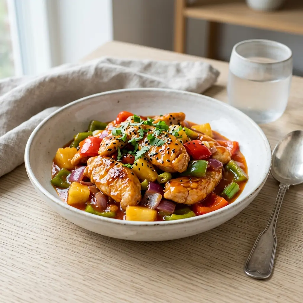 Pute in süß-saurer Sauce fertig als Gericht serviert