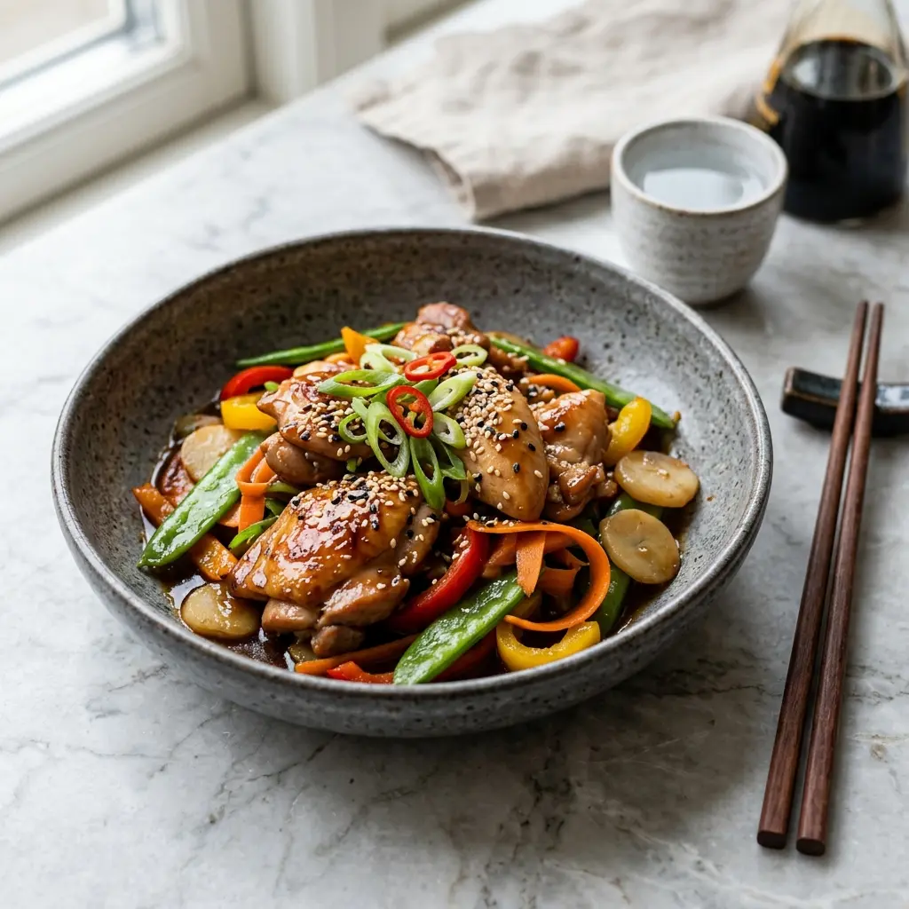 Pute mit Teriyaki fertig als Gericht serviert