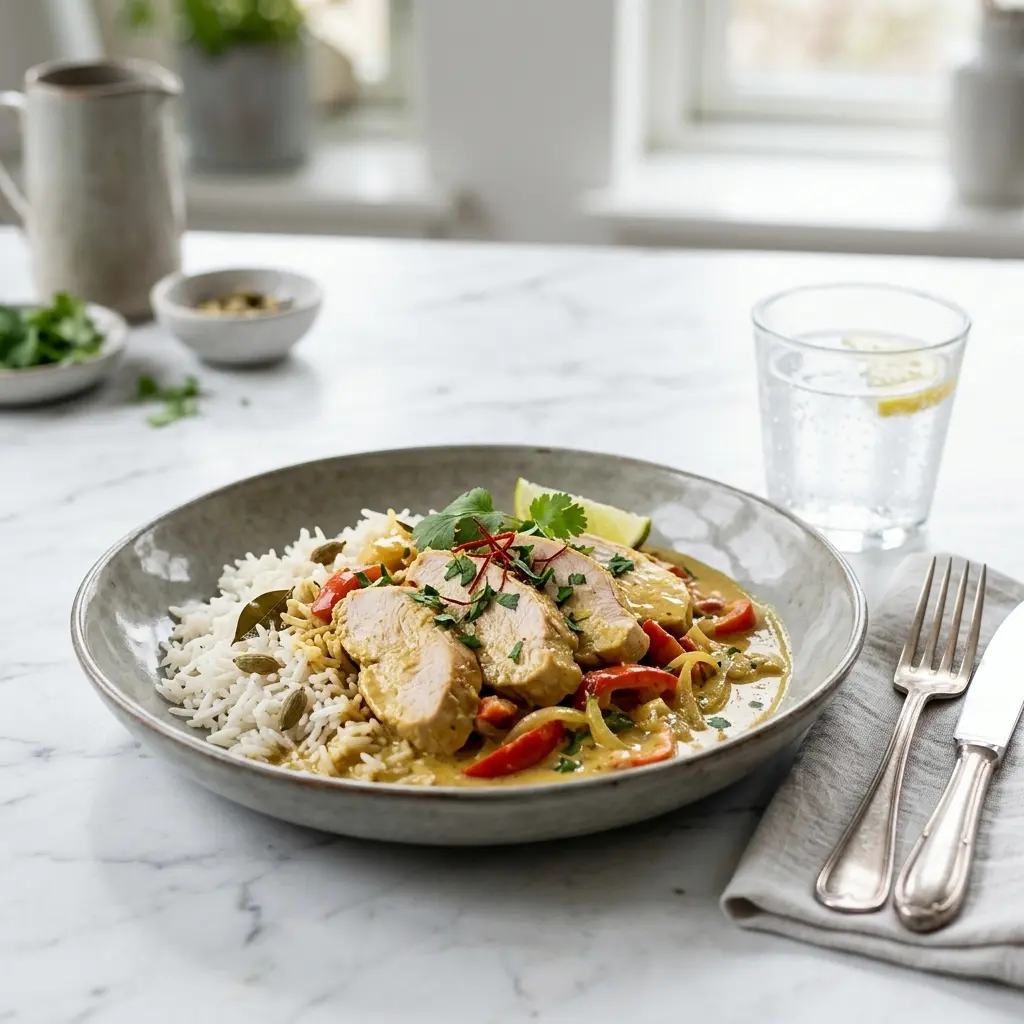 Putenbrust in Curry fertig als Gericht serviert