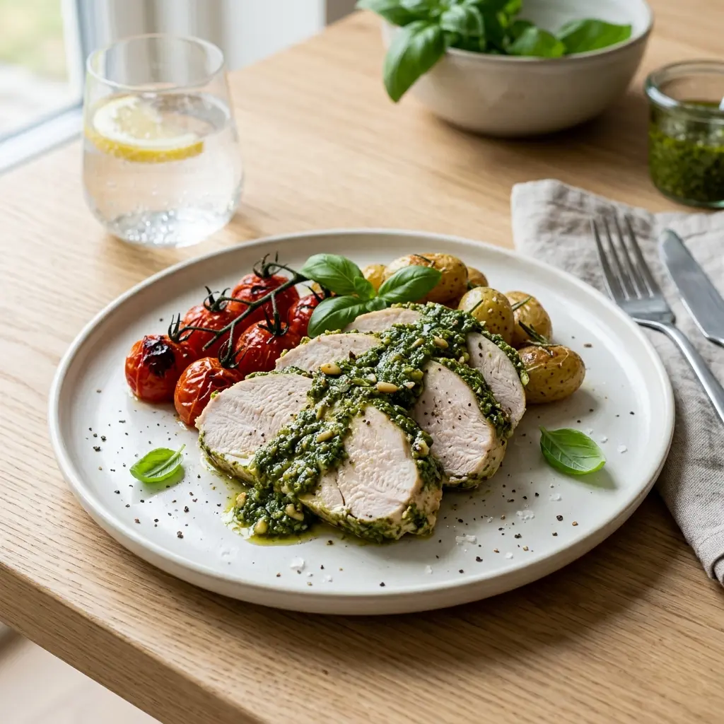 Putenbrust mit Pesto fertig als Gericht serviert