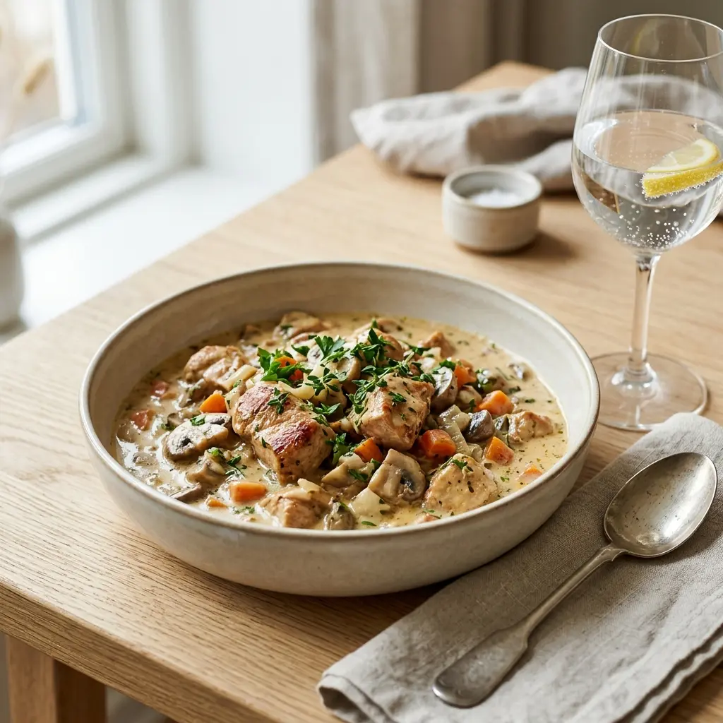 Puteneintopf mit Sahne fertig als warme Suppe serviert