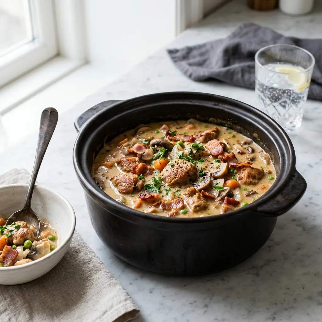 Puteneintopf mit Speck fertig als warme Suppe serviert
