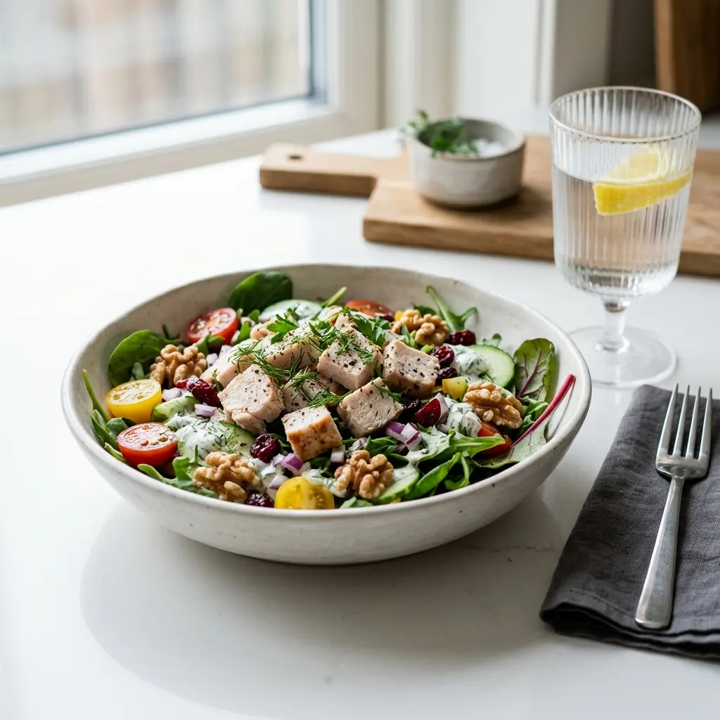 Frische Portion Putensalat mit ansprechender hausgemachter Präsentation