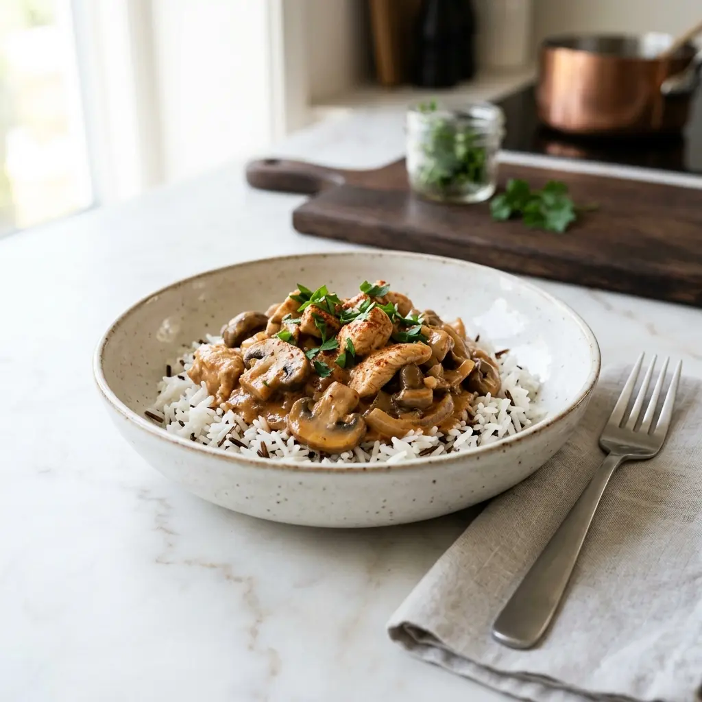 Putenstroganoff fertig als Gericht serviert