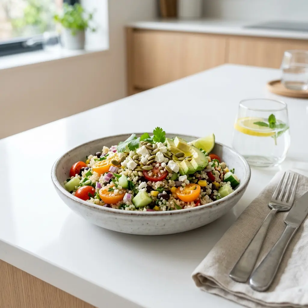 Frische Portion Quinoasalat mit ansprechender hausgemachter Präsentation