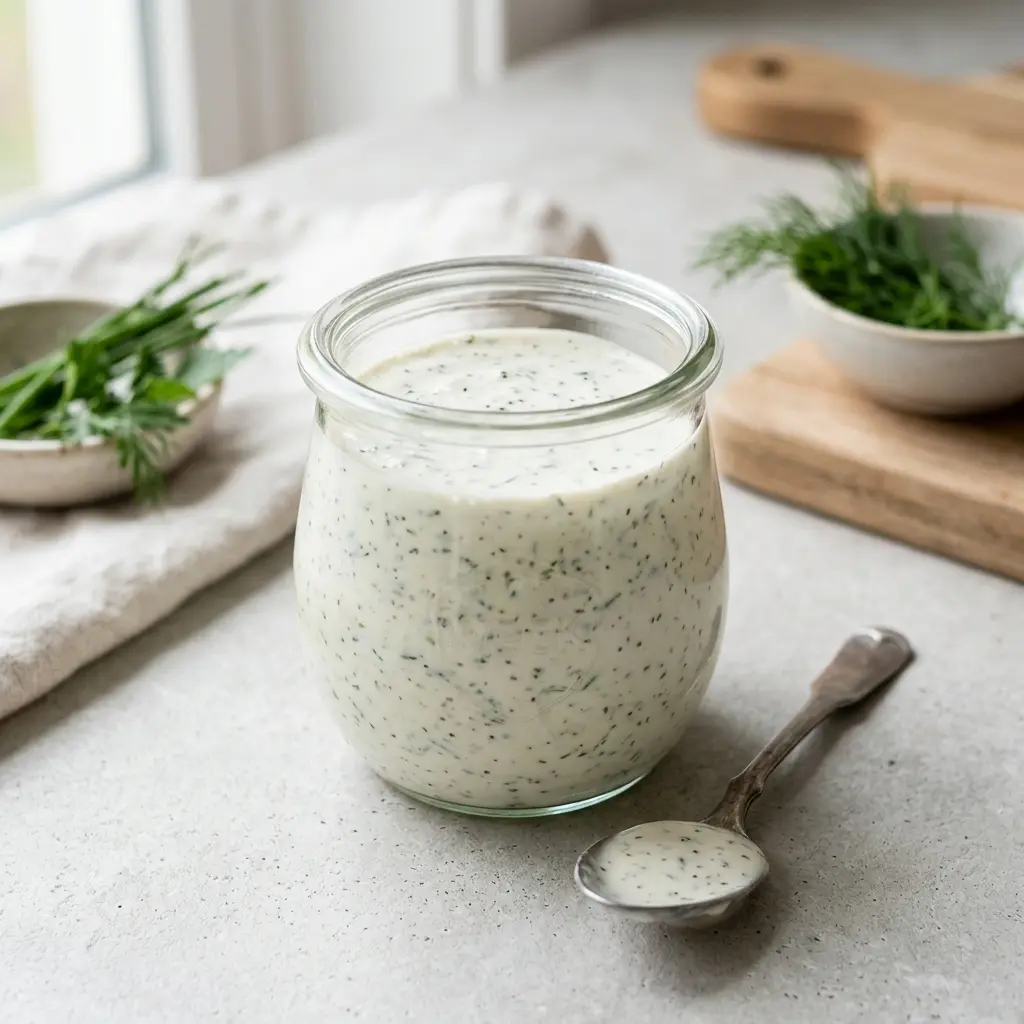 Eine Schale Ranch-Dressing als geschmackvolle Beilage serviert