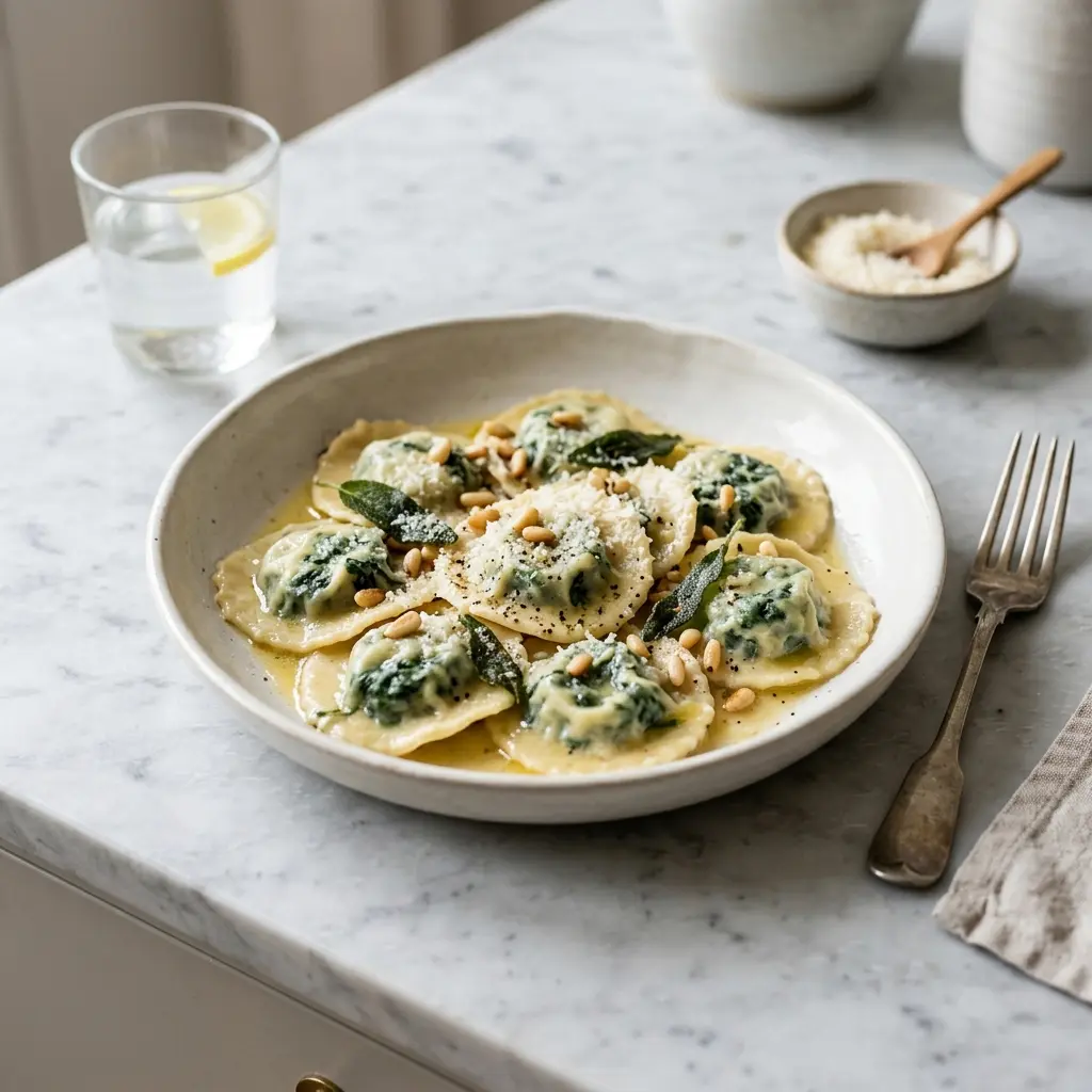 Ravioli mit Spinat fertig als Gericht serviert