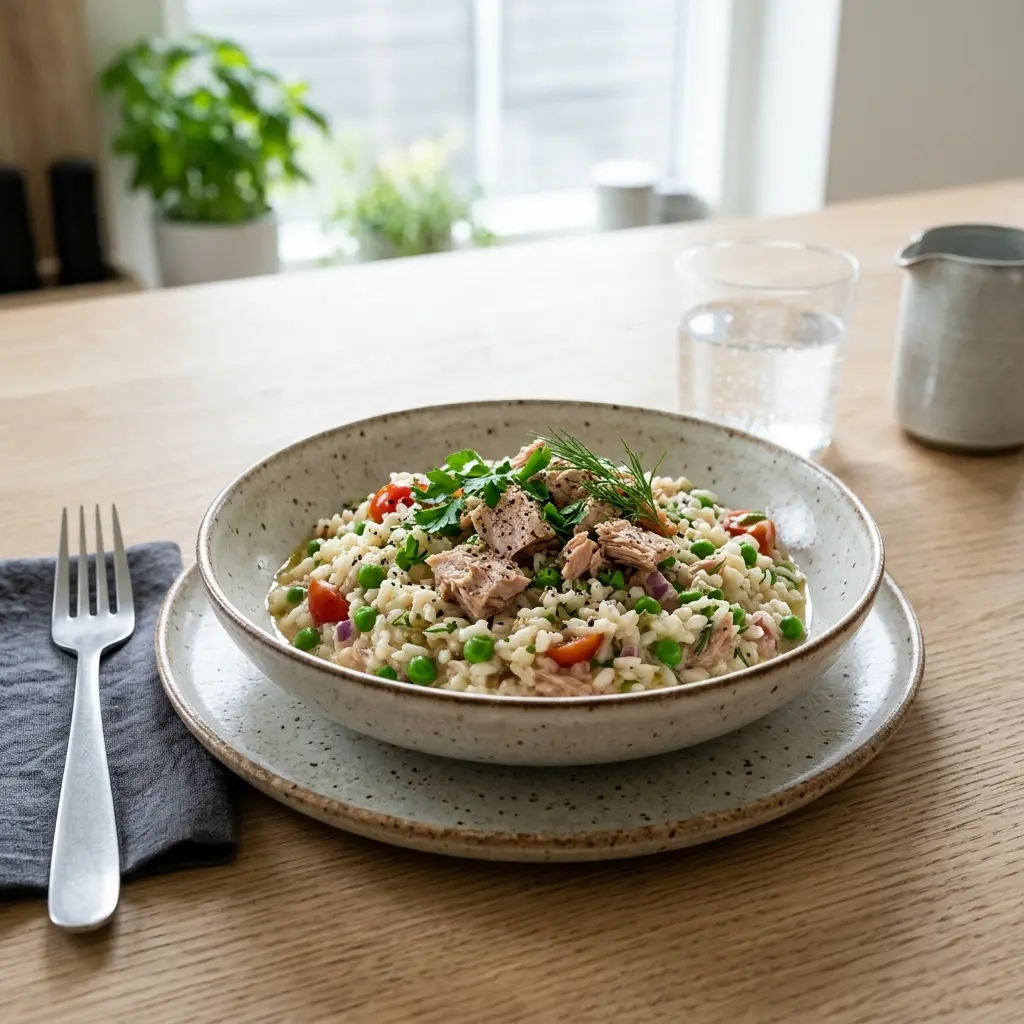 Reisgericht mit Thunfisch fertig als Gericht serviert