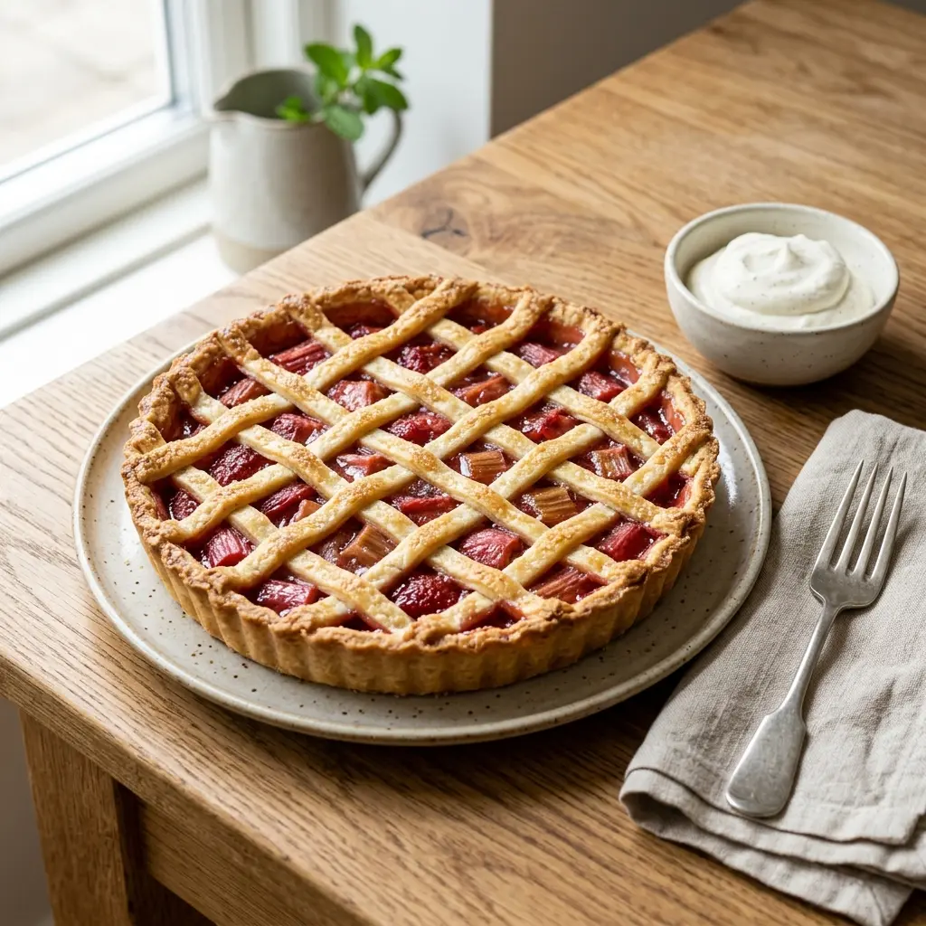 Rhabarbertarte als süßes und hausgemachtes Dessert serviert