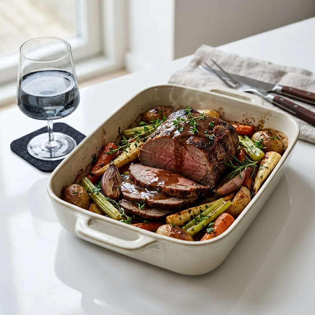 Rinderbraten aus der Auflaufform mit Gemüse fertig als Gericht serviert