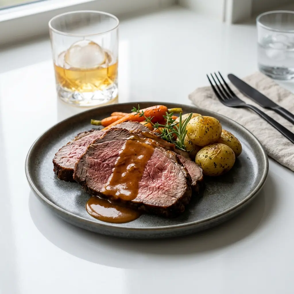 Rinderbraten mit Whiskysauce fertig als Gericht serviert