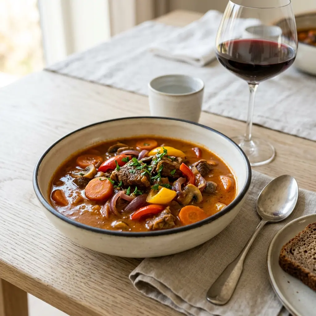 Rindfleischeintopf mit Paprika fertig als warme Suppe serviert