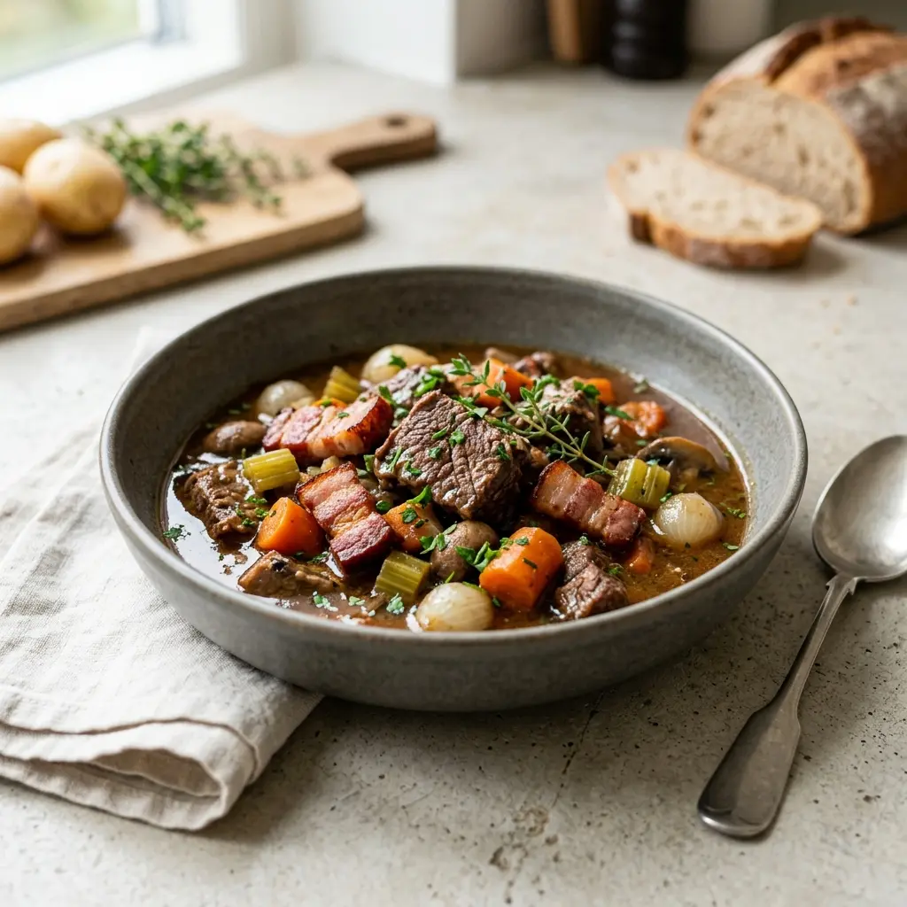 Rindfleischeintopf mit Speck fertig als warme Suppe serviert