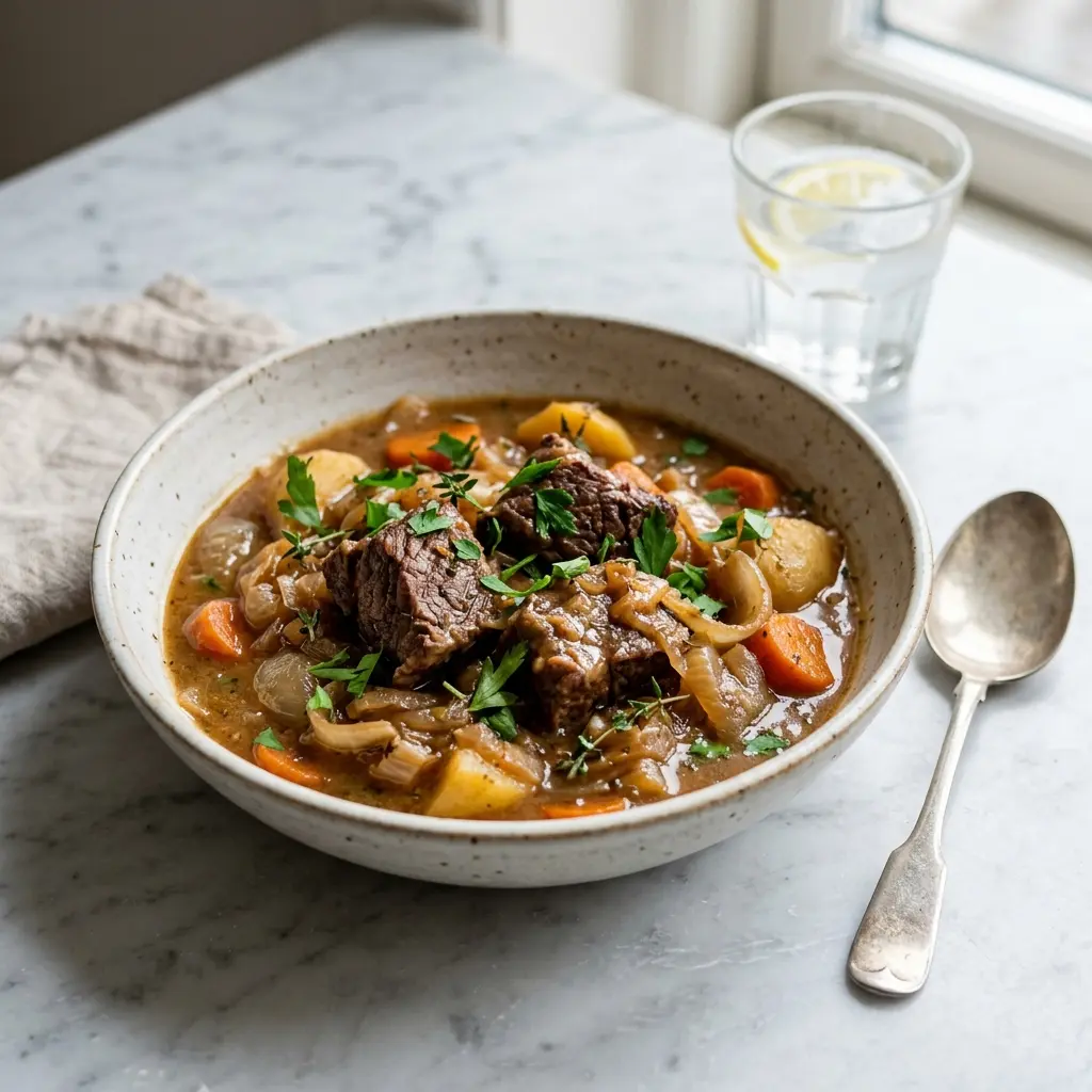 Rindfleischeintopf mit Zwiebeln fertig als warme Suppe serviert